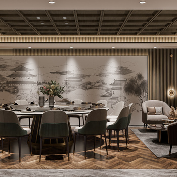 新中式餐厅包房3d模型