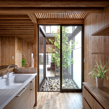 现代原木色厨房窗景