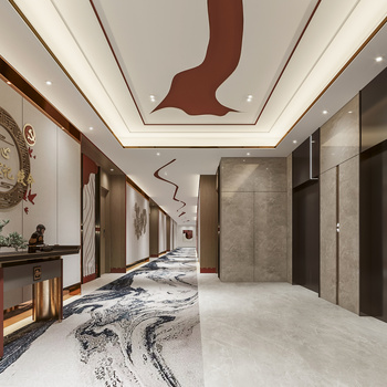 新中式酒店电梯厅过道3d模型
