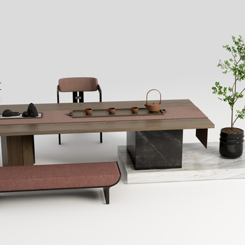 现代茶桌椅组合 长凳 茶具 休闲椅 植物