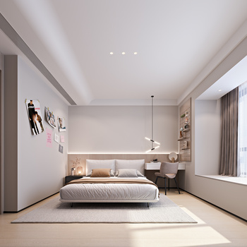 现代极简奶油卧室3d模型