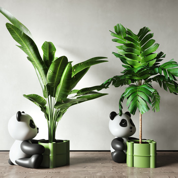 现代熊猫绿植盆景3d模型