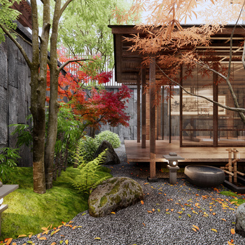 日式茶室枯山水庭院景观