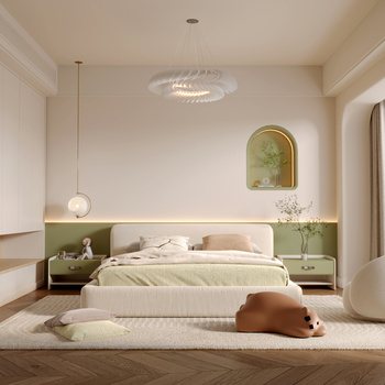 北欧奶油风卧室3d模型