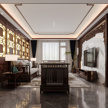 新中式起居室客厅3d模型