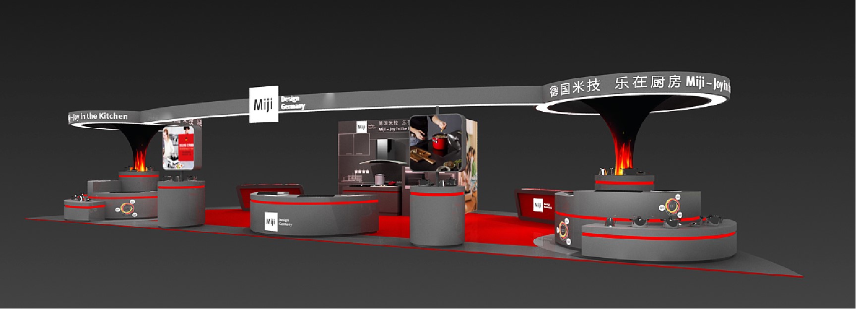 在天花板四个位置镶装白色有机镜子,内部安装白炽灯,可使展位通体透明