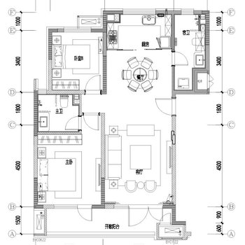 88㎡二室二厅|CAD施工图