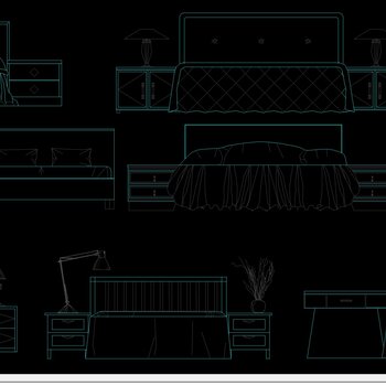 多种款式床,床头柜组合立面剖面图库合集