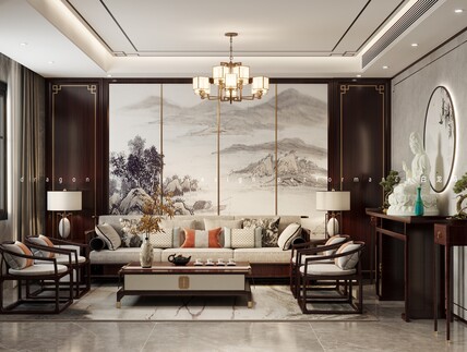 新中式别墅客厅——白龙马效果图