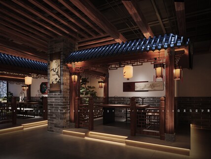 中式工装餐饮空间效果图