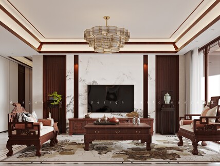 中式客餐厅卧室效果图