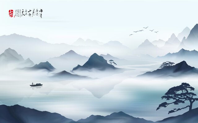 新中式黑白山水花鸟背景墙高清贴图