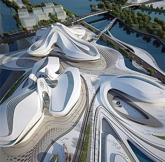 扎哈一贯的设计风格—炫酷"三个流动的花瓣"围绕着一座中庭其花瓣造型