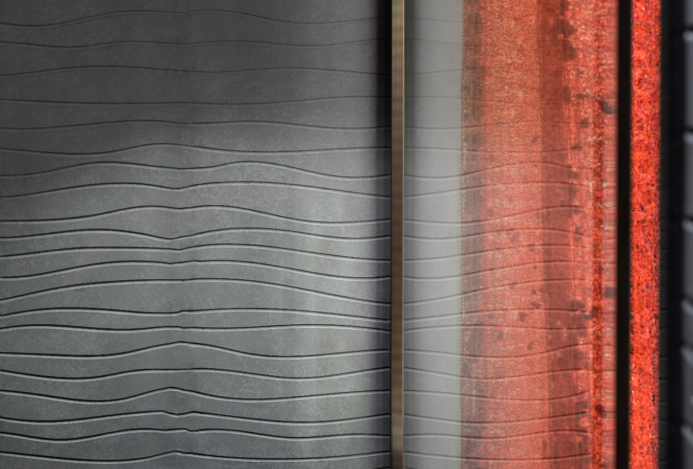 ◤公共洽谈区 天花顶水波纹金属板材质在地面晕开层层波浪,让光线若有