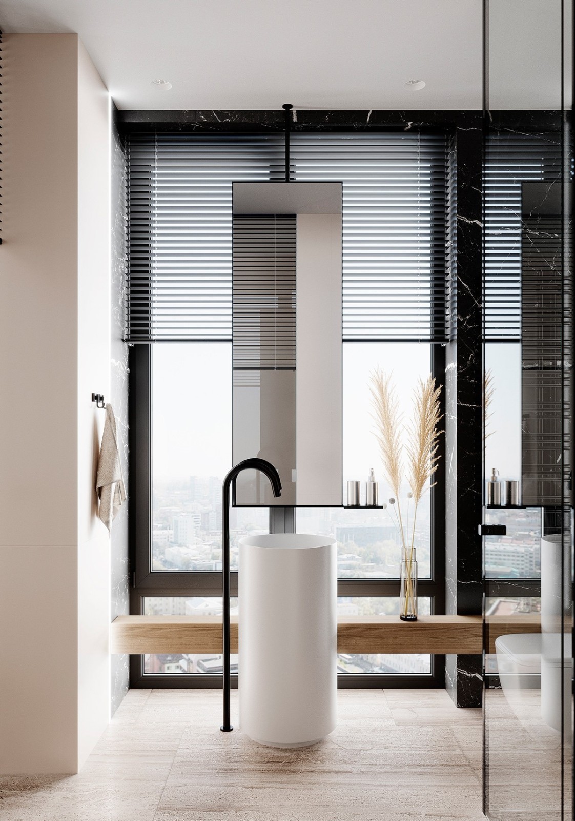 床一旁的梳妆桌线条简洁 镜子从上延伸至下 如同树枝般分布的射灯