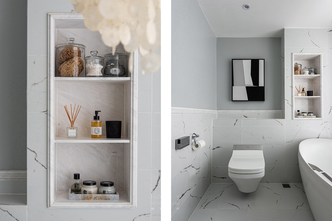 点上香薰,水面映射造型灯显得波光粼粼 壁龛增强了卫生间的收纳功能