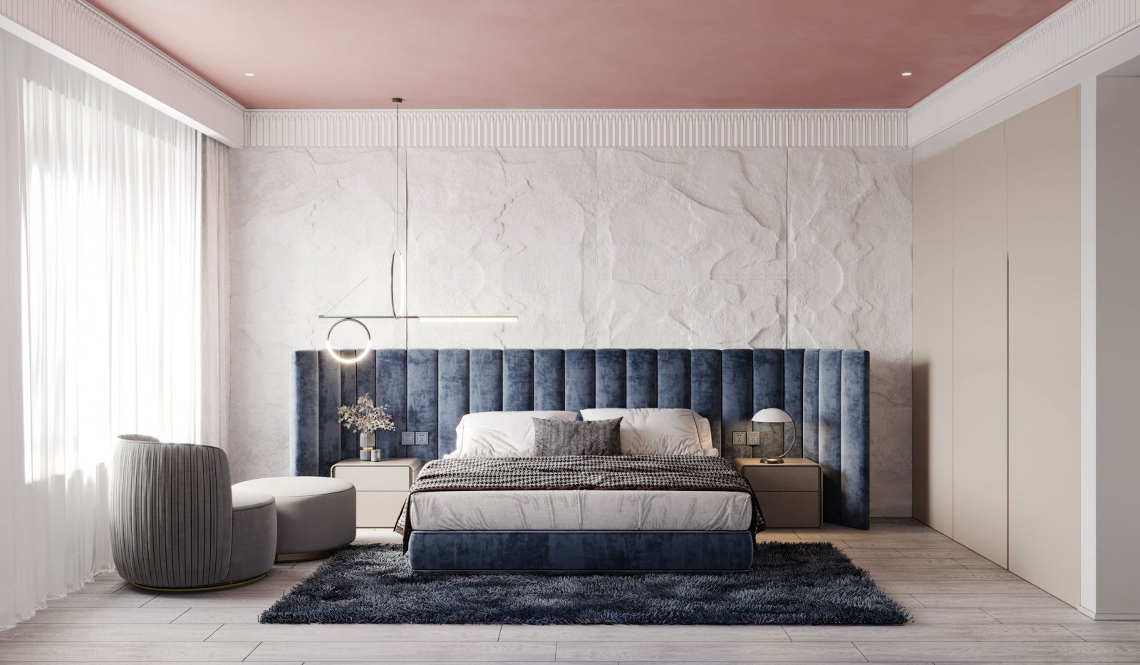 主卧室采用影院式设计,超大的投影屏,柔软的床头,合适的观影距离,让