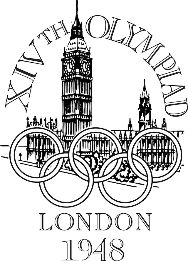 这是战后的第一届奥运会,奥运 logo 以五环叠加在伦敦的议会大楼上