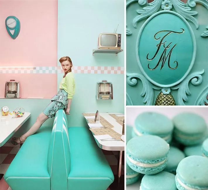 色卡分析:晚霞色,tiffany蓝,淡丁香色,粉黄色,月光色tiffany蓝在布置