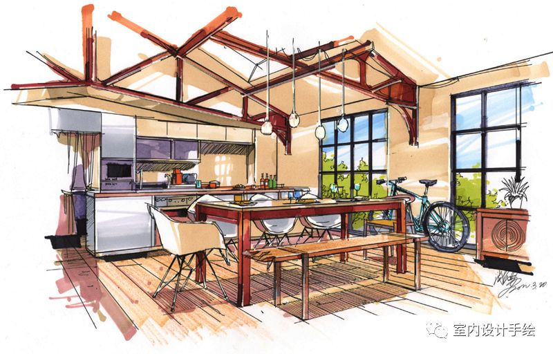 餐厅马克笔手绘空间图分享