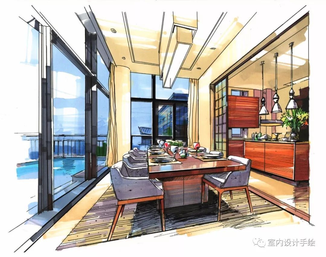 餐厅马克笔手绘空间图分享