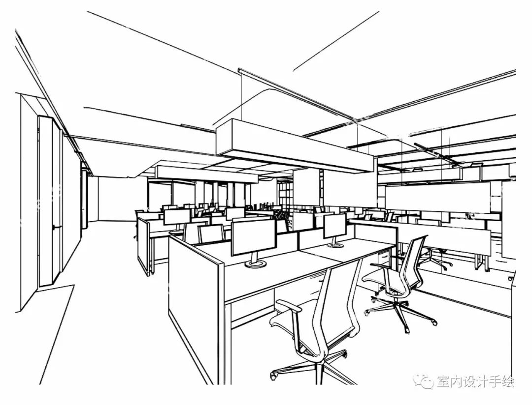 几组不一样的办公空间室内设计手绘线稿