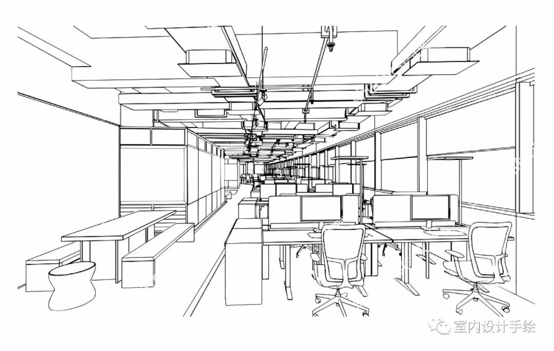 几组不一样的办公空间室内设计手绘线稿