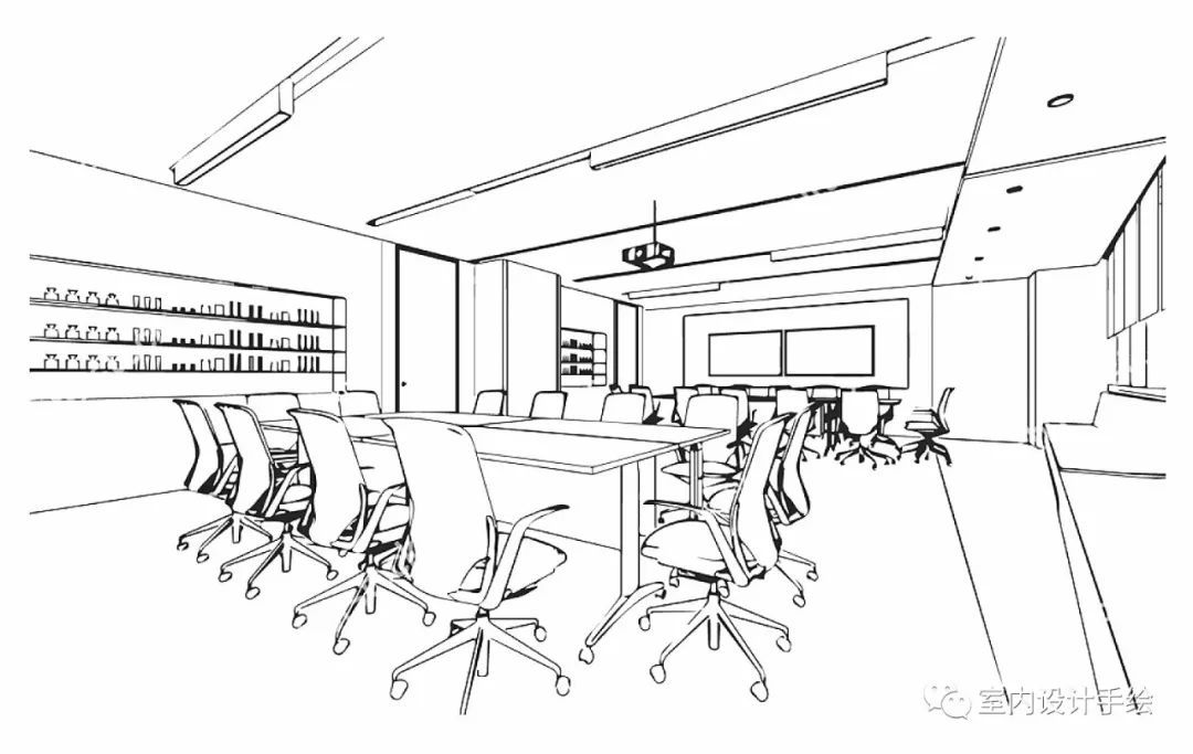 几组不一样的办公空间室内设计手绘线稿!