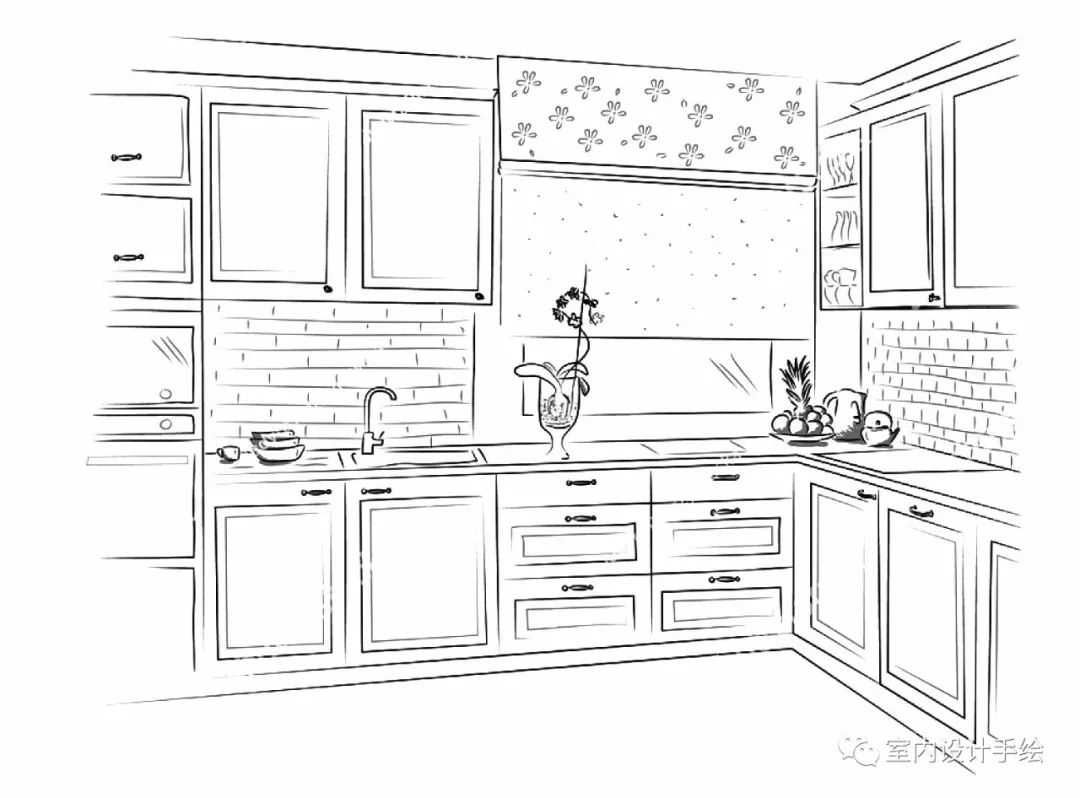 关于厨房橱柜的室内设计手绘线稿